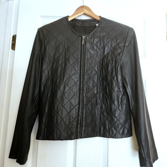 Quilted black collarless leather jacket Size Chanel style by - Main Image